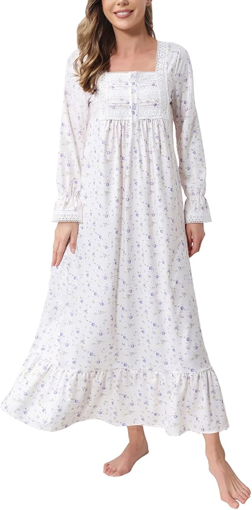 Rubehoow Women's Nightgown Victorian Nightwear Long Sleeve Vintage Pajama Dress Soft Cotton Loungewear with Pockets