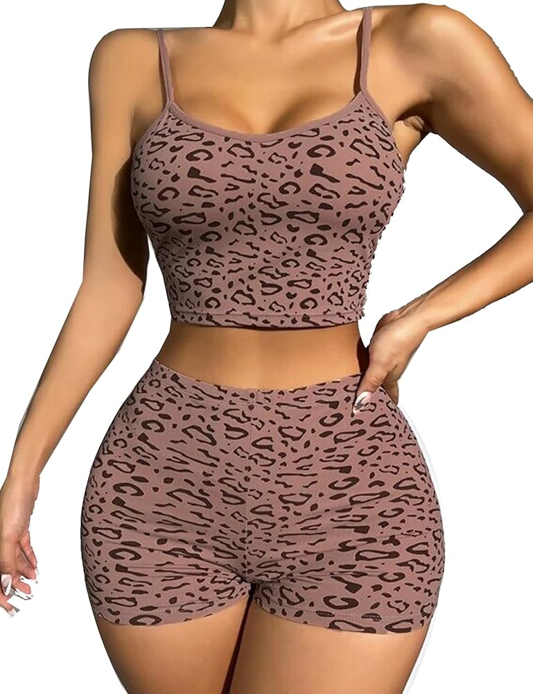 RSLOVE Pajamas for Women Set Top and Cami Short Leopard Print Pj Set Sexy Underwear Pyjamas Underclothing and Underpants