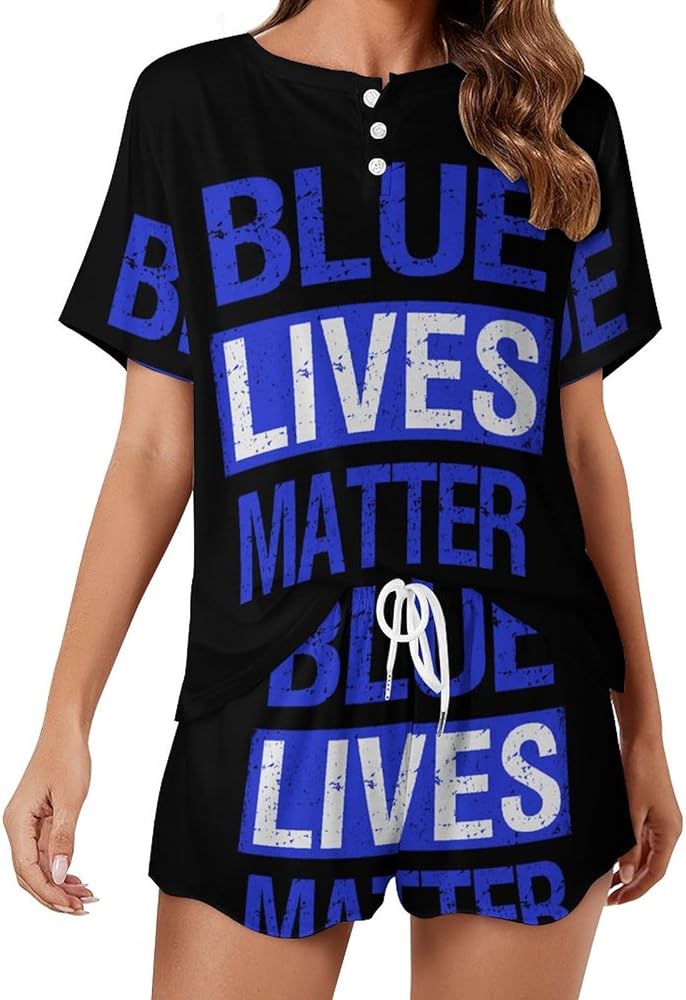 Blue Lives Matter Women's 2 Piece Pajamas Short Sleeve Shorts Sleepwear Set Causal Loungewear Home Suit 5XL