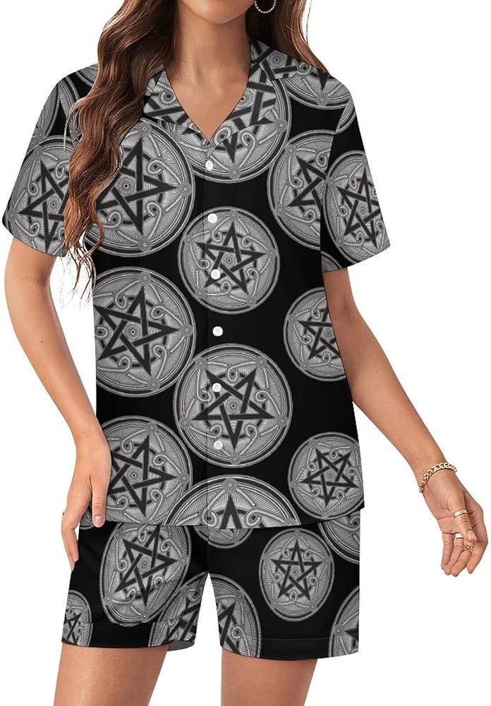 Pentacle Altar Pentagram Women's Pajamas Set Two Piece Button Down Sleepwear Short Sleeve And Shorts Loungewear