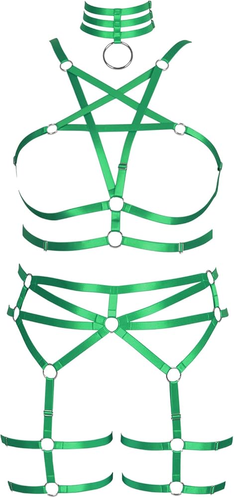 Plus Size Body Harness for Women Gothic Pentagram Full Cage Hollow Out 2 Piece Strappy Bra Garter Belts Set Punk Clothing