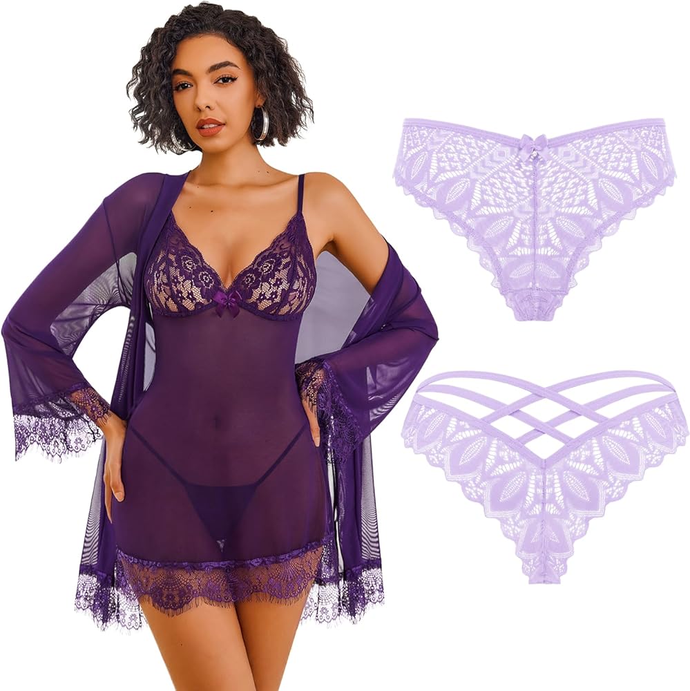 Avidlove Mesh Robe Sets Lace Babydoll Lingerie Dress with Panty(Purple, S)