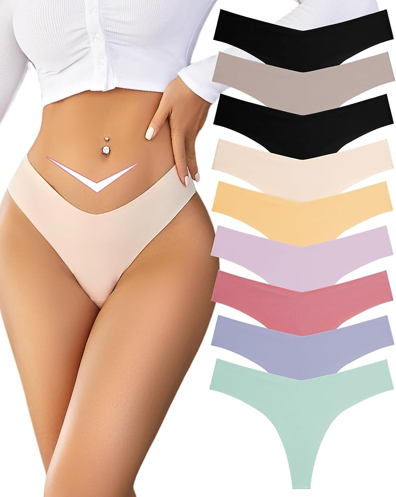 FINETOO 9 Pack Seamless Thongs for Women No Show Underwear V Waisted Comfortable Sexy Thong Panties XS-XL