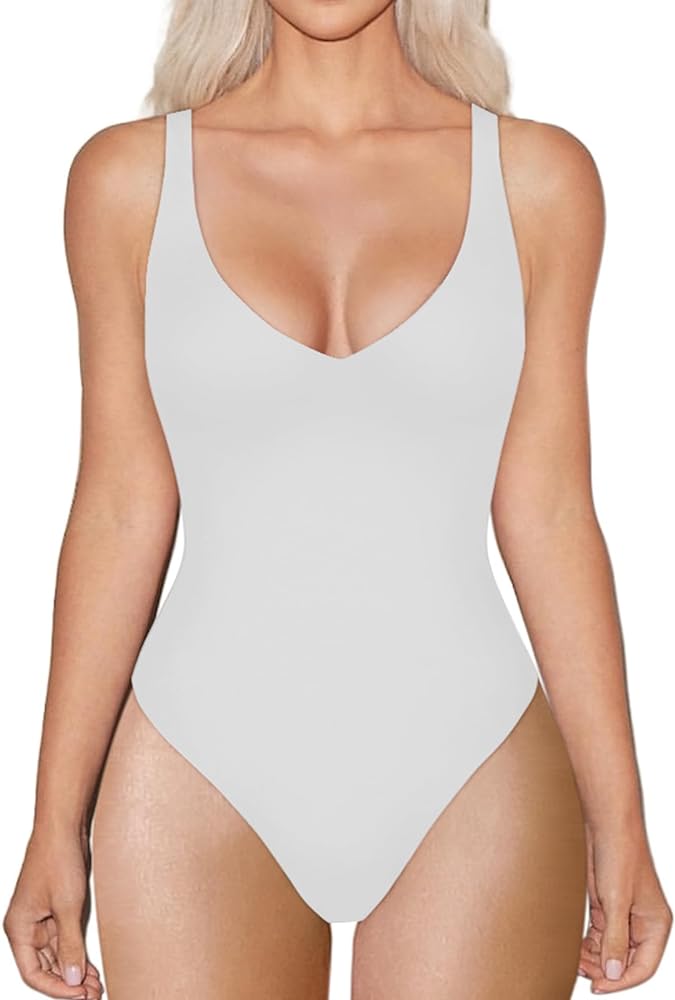 REORIA Women's Sexy Plunge V Neck Sleeveless Seamless Double Lined Tank Bodysuit Tops