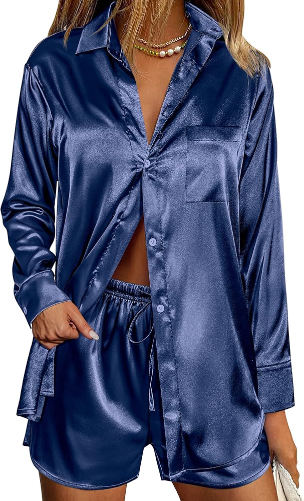 Ekouaer Womens 2 Piece Satin Pajama Set Long Sleeve PJs Sets Button Down Lounge Ssts Soft Sleepwear Set