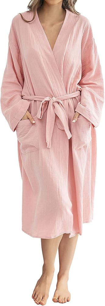 Betusline Womens Cotton Gauze Robe, Soft Lightweight Kimono Maternity Bathrobe Loungewear