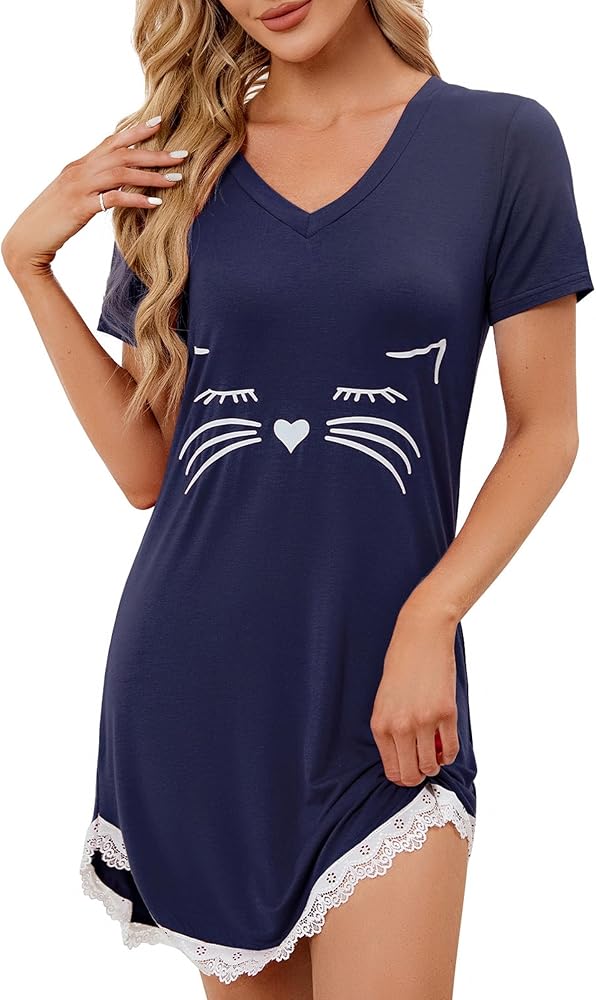 Sleep Night Shirts Women Cat Printed Nightgowns with Lace Trim Cute Sleep Pajama Dress Sleepwear Short Sleeve