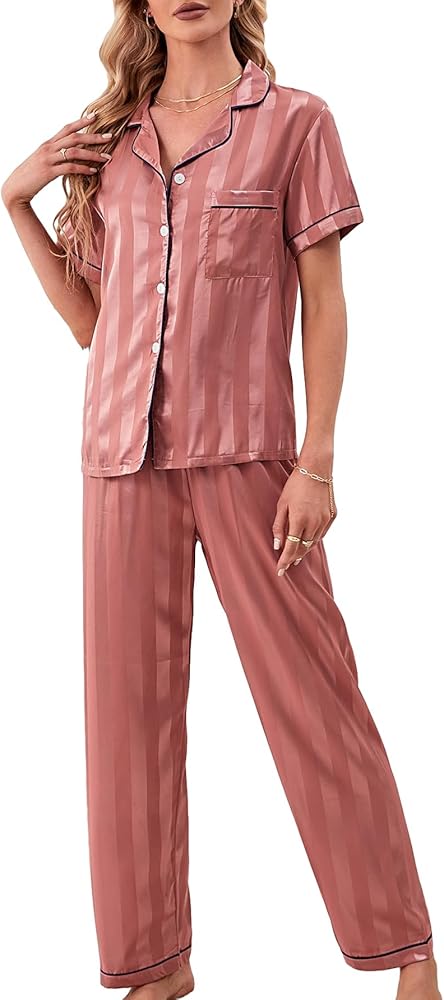 OYOANGLE Women's 2 Piece Satin Pajamas Striped Button Front Short Sleeve Shirt and Pants Loung Set Sleepwear