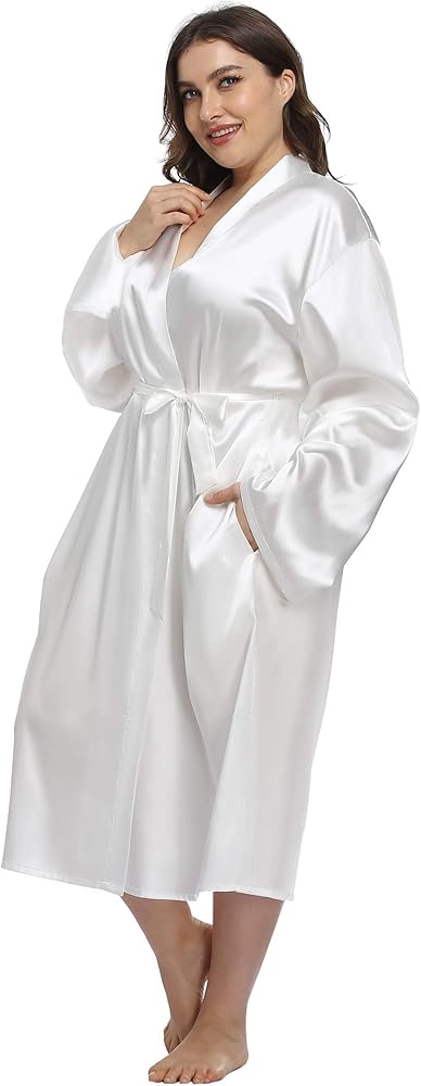 Women's Plus Size Satin Robe Long Bathrobes Dressing Gown Soft Sleepwear