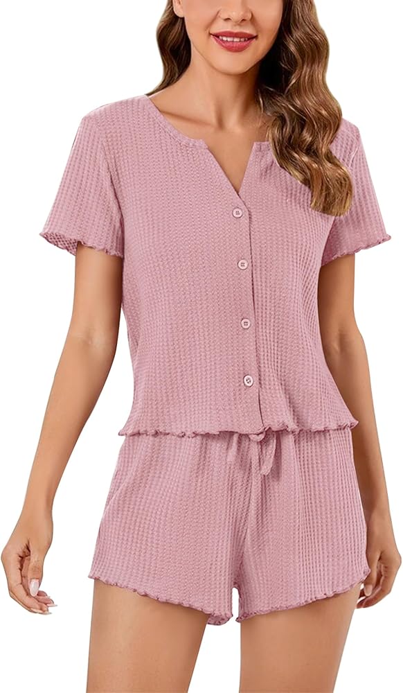 SWOMOG Women Pajama Set Button Down Short Sleeve Top and Shorts Waffle Knit Loungewear Sweatsuit 2 Piece Lounge Set