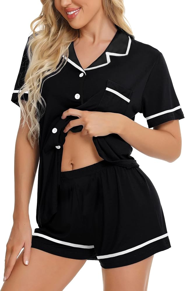 Ekouaer Women's Pajamas Sleepwear Shirt and Short Button-Down Pj Set Two Piece Sets Black Large