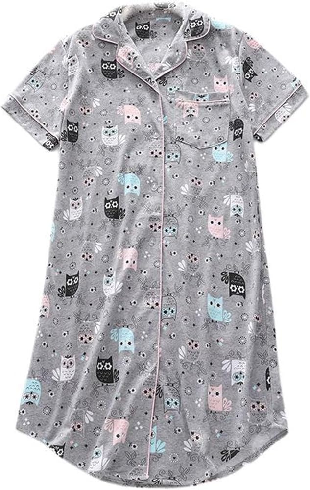 Women's Short Sleeve Nightgown Cartoon Printed Button Down Cute Notch Neck Soft Sleep Shirt Casual Summer Sleepwear