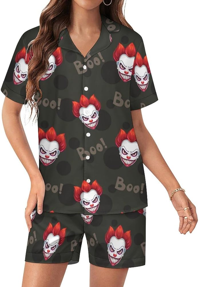 Scary Evil Clown Faces Women's Pajamas Set Two Piece Button Down Sleepwear Short Sleeve And Shorts Loungewear