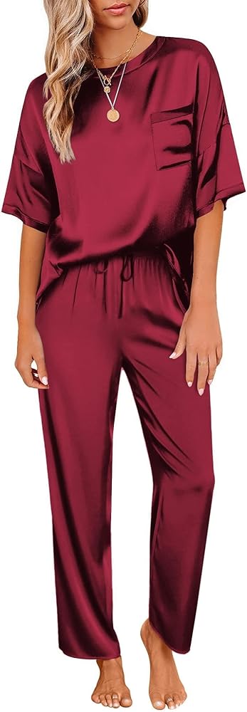 Ekouaer Womens Satin Silky Pajama Set Short Sleeve Shirt with Long Pajama Pant Set Soft PJ Loungewear