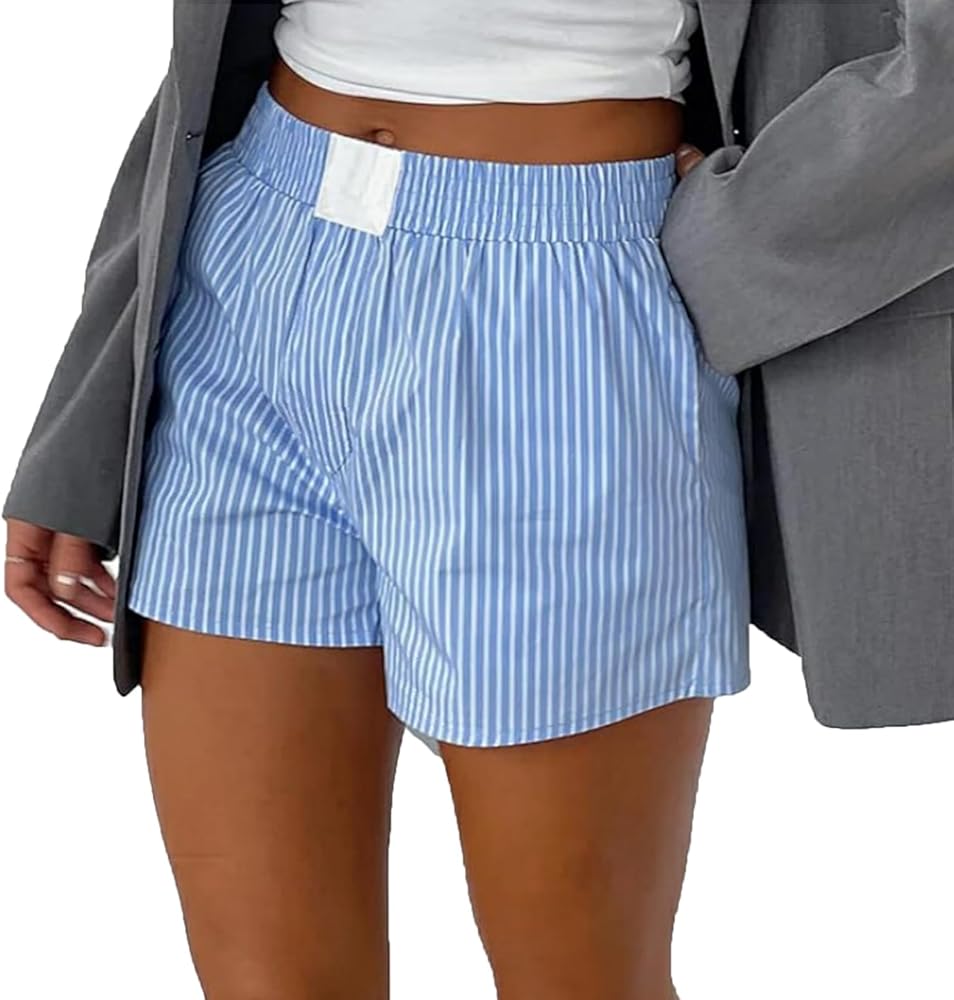 Womens Plaid Striped Boxer Shorts Elastic Waist Pajama Shorts Cute Gingham Sleepwear Y2k Sleeping Pj Micro Shorts