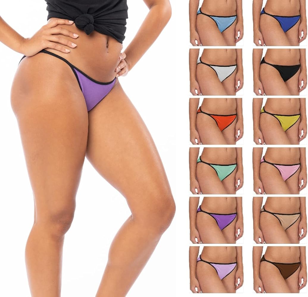 Sexy Basics Womens 12 Pack String Bikini Briefs/Ultra-Soft Cotton/Spandex Stretch No-Show Panties