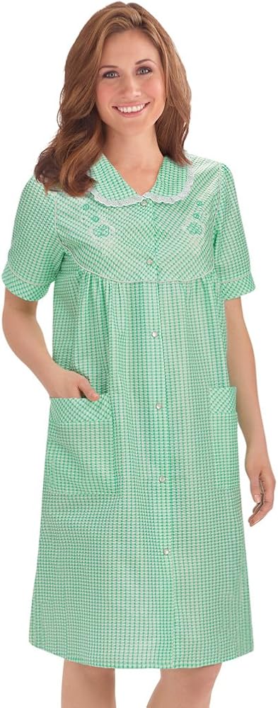 Collections Etc Gingham Robe with Floral Accents, Snap-Front Closure and Lace Trim