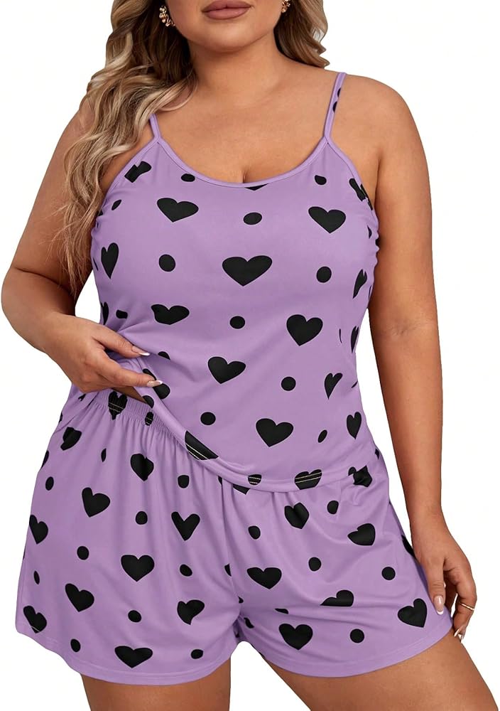 SOLY HUX Women's Plus Size Cute Cartoon Print Pajama Set Cami Top and Shorts Lounge Sleepwear