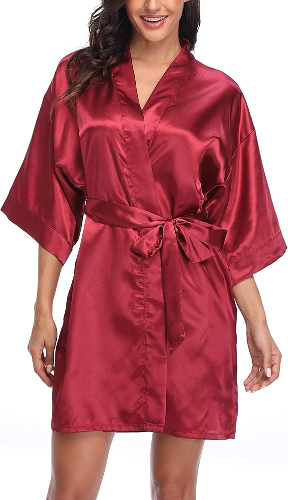 Vamelia Women's Satin Robes Silky Bathrobes Short Kimono Robe Bridesmaid Bride Birthday Pyjamas Party Lightweight