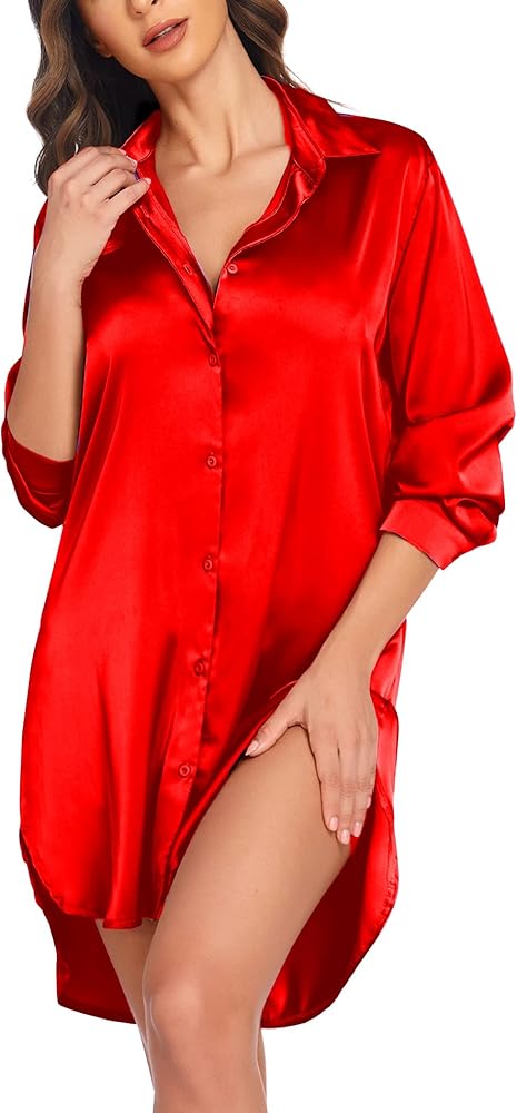 Ekouaer Womens Silk Satin Nightgown Button Down Sleepshirt Long Sleeve Sleepwear S-3XL