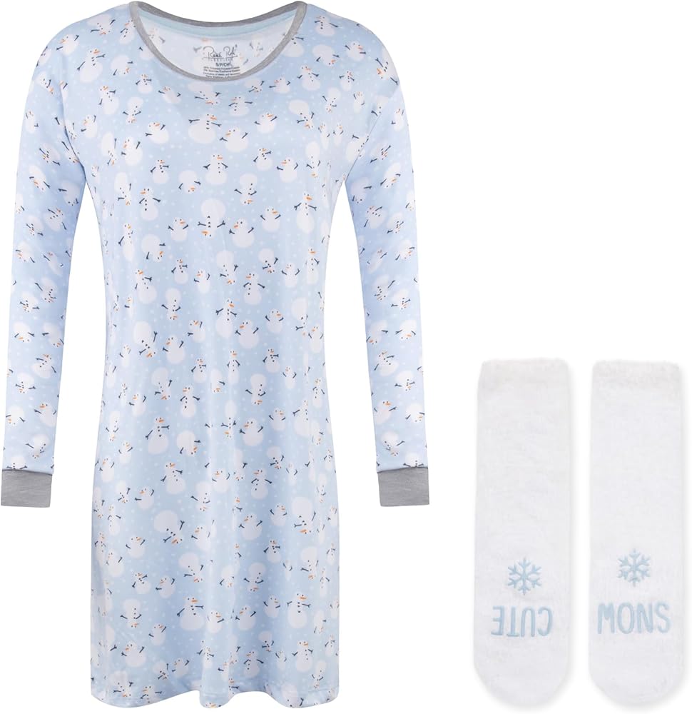 Rene Rofe Women's Butter Soft Sleep Shirt Nightgown with Matching Comfy Socks - Long Sleeve Nightshirt Set