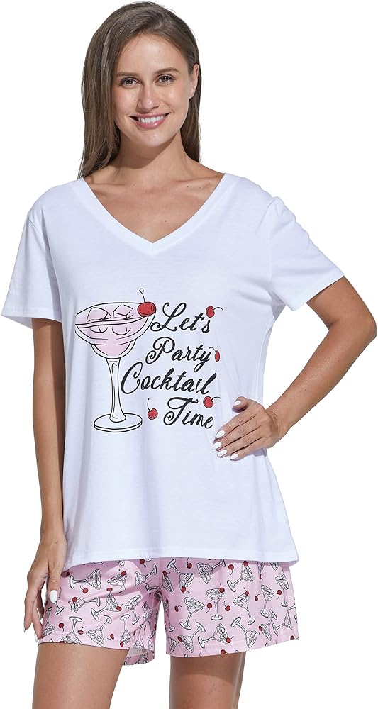 Vozanet Women's V-Neck Pajama Sets Funny Red Wine Glass Sleepwear Summer Short Sexy Nighty