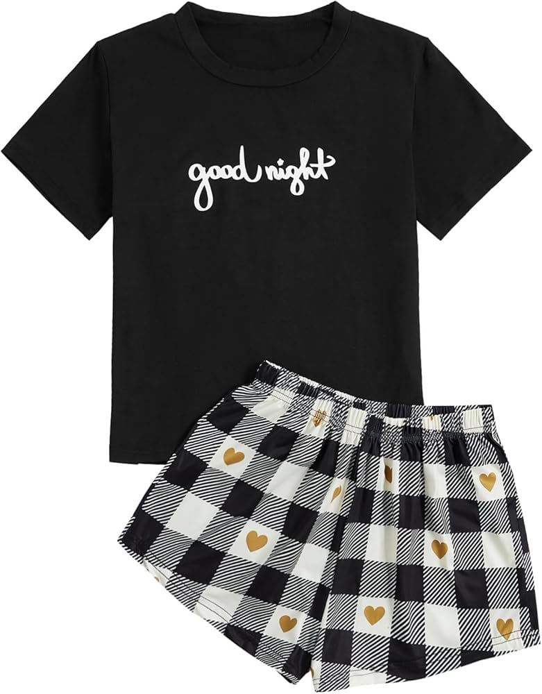 SOLY HUX Women's Cute Cartoon Print Sleepwear Short Sleeve Tee with Shorts Pajama Set Black Beige Plaid Small