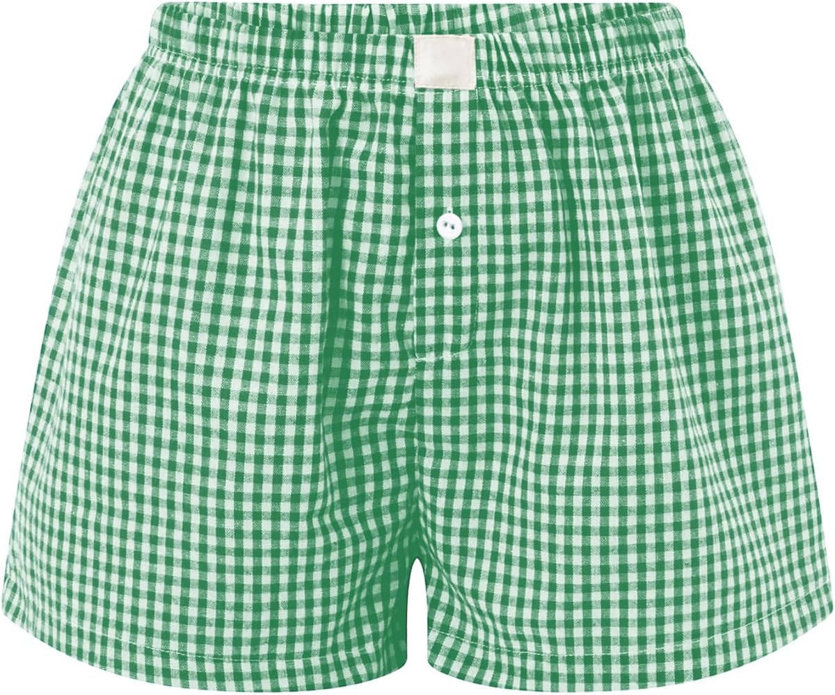 Women’s Plaid Boxer Shorts Y2k Button Low Waist Elastic Lounge Shorts Baggy Gingham Pajama Pants Pj Bottoms Sleepwear