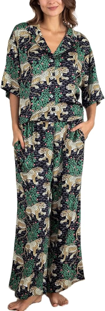 Juakoso Women 2 Piece Print Pajamas Sets Short Sleeve Button Down Tops Wide Leg Pants Sets Y2k Boho Lounge Sets Sleepwear