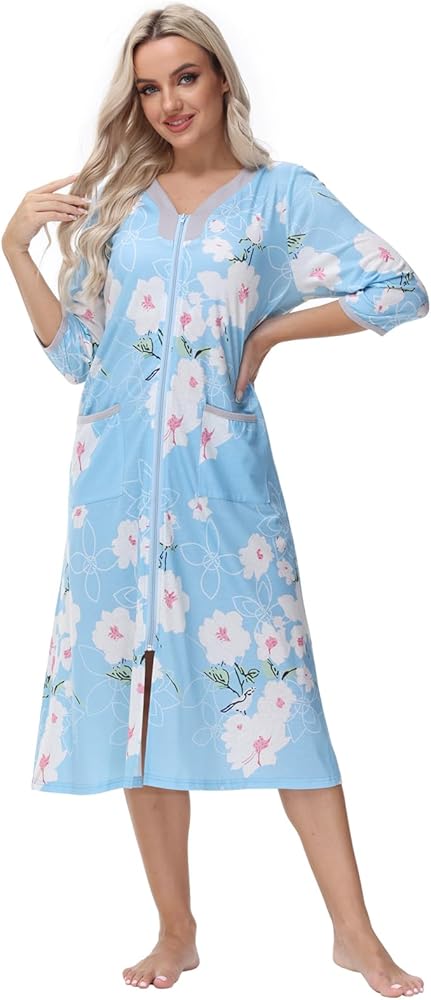 Women's Zipper Robes 3/4 Sleeve Floral Print Bathrobe Lightweight Housecoats with Pockets Ladies Loungewear