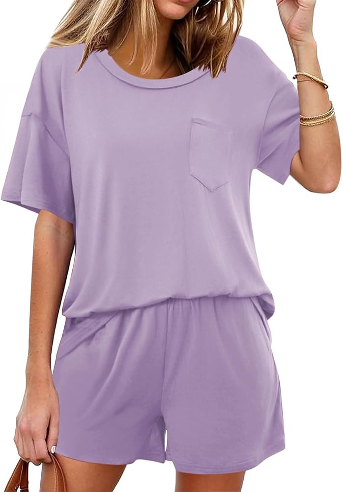 Women's 2 Piece Lounge Sets Short Sleeve and Shorts Pajama Sets Summer Casual Soft Round Neck Top Sleepwear, 6X-Large