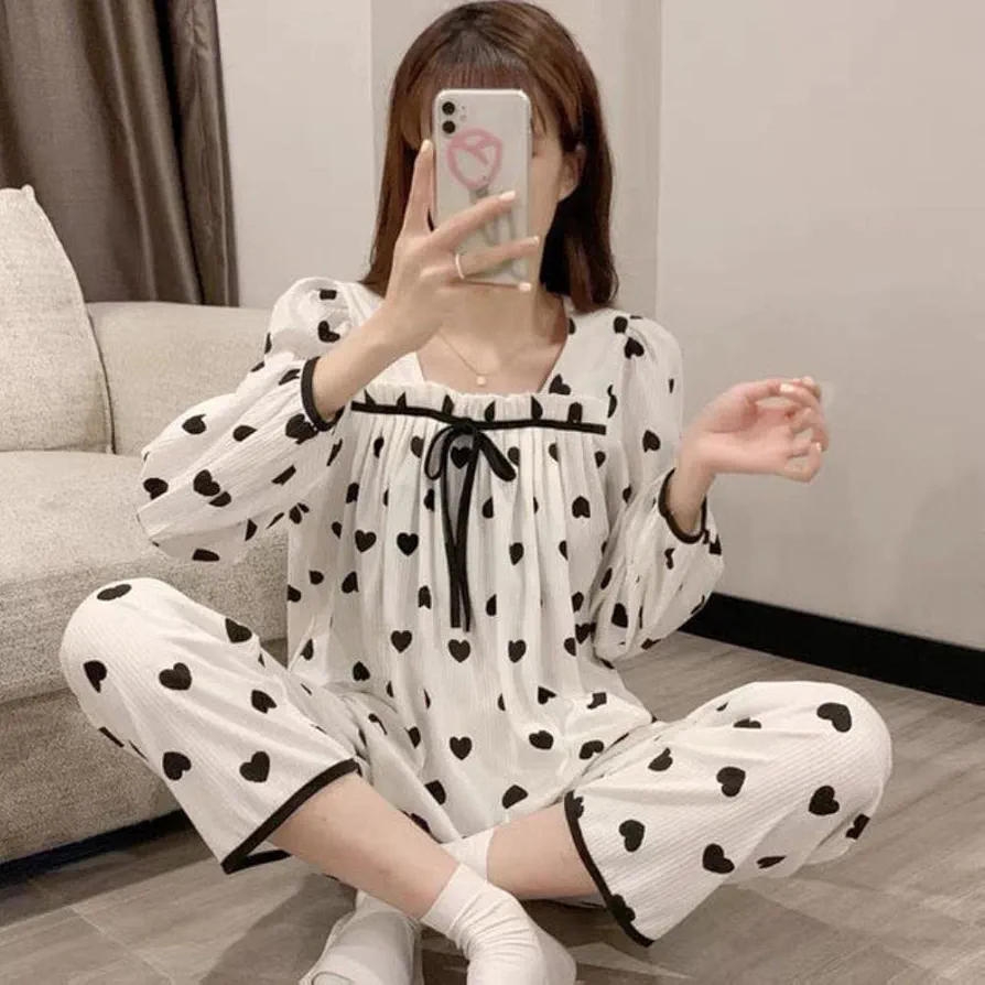 Simple Long Sleeve Pajama Sets Women Square Collar Sweet Bow Sleepwear Comfort Loungewear Stylish Baggy Pyjamas