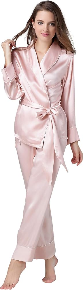 100% Cocoon Silk Women's Luxury Pajama Set，Robe Style top with Long Pajamas Pant