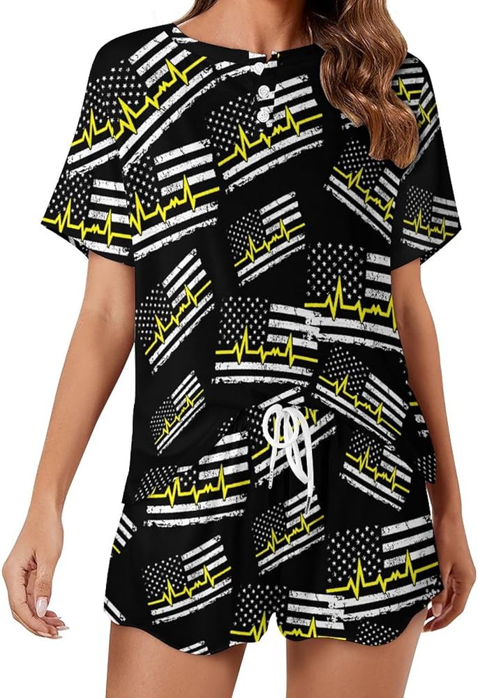 American Flag Electrocardiogram Classic Women's Pajamas Loungewear Set Loose Short Sleeve Sleepwear With Pockets