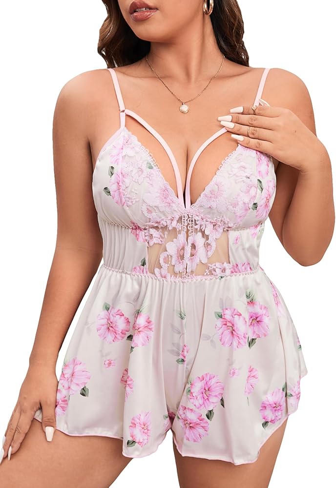 WDIRARA Women's Plus Size Sleepwear Floral Print Mesh Wide Leg Cami Sleep Romper Shorts