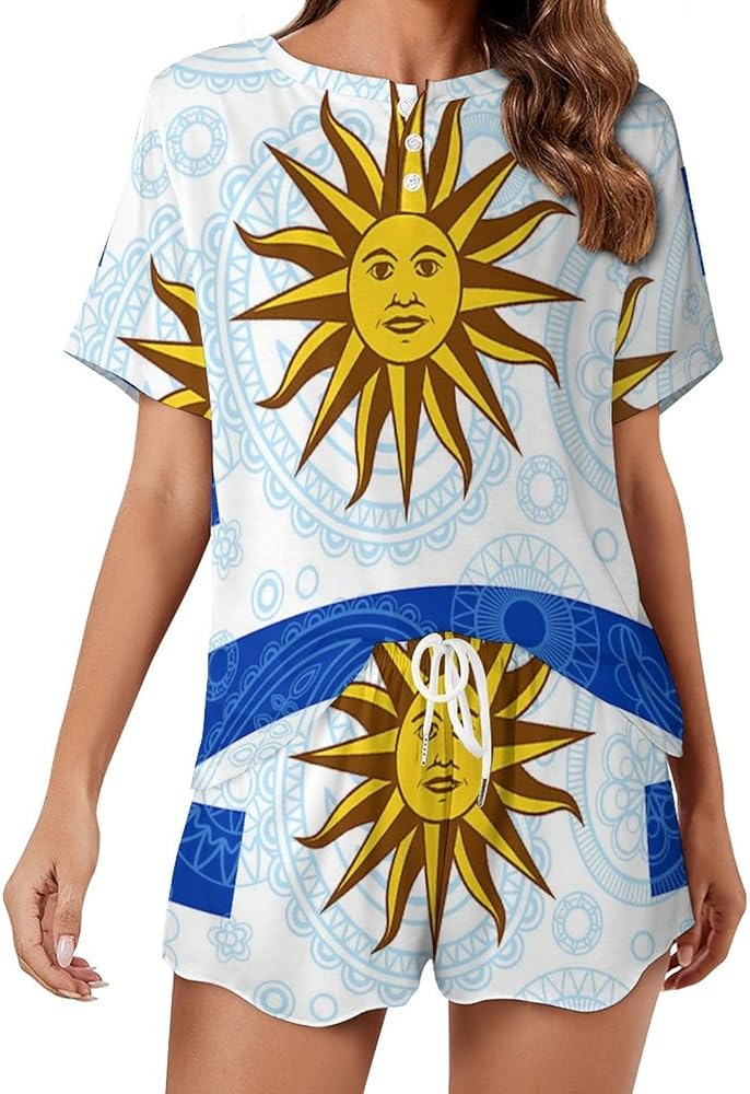 Uruguay Paisley Flag Women's 2 Piece Pajamas Short Sleeve Shorts Sleepwear Set Causal Loungewear Home Suit 5XL