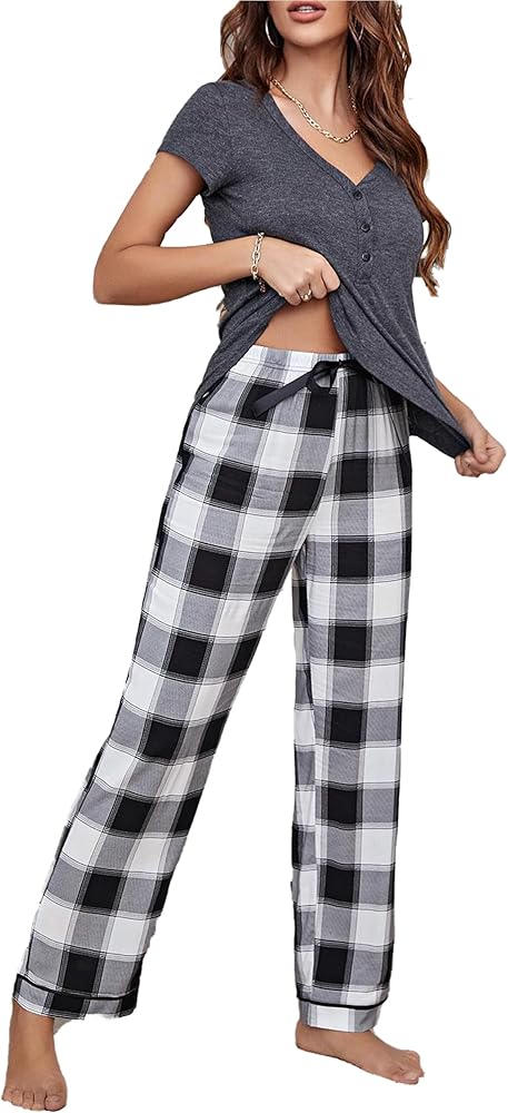 Women's Pajamas Set V-Neck Short Sleeve Top with Plaid Pants Sleepwear Pjs Lounge Sets