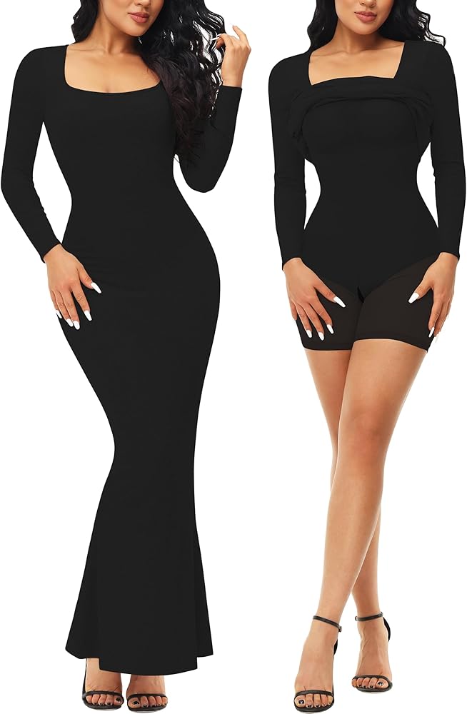 Fengbay Shapewear Dress for Women Bodycon Dress with Built in Shapewear Shaper Dress Square Neck Lounge Long Dress