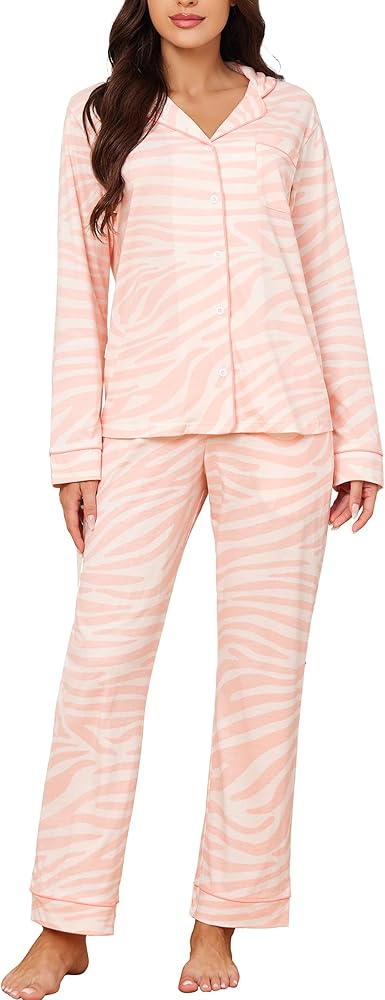 LUBOT 100% Cotton Pajamas for Women PJ Set Soft Button-Down 2 Piece Set Knitted Long Sleeve Sleepwear Loungewear S-XXL