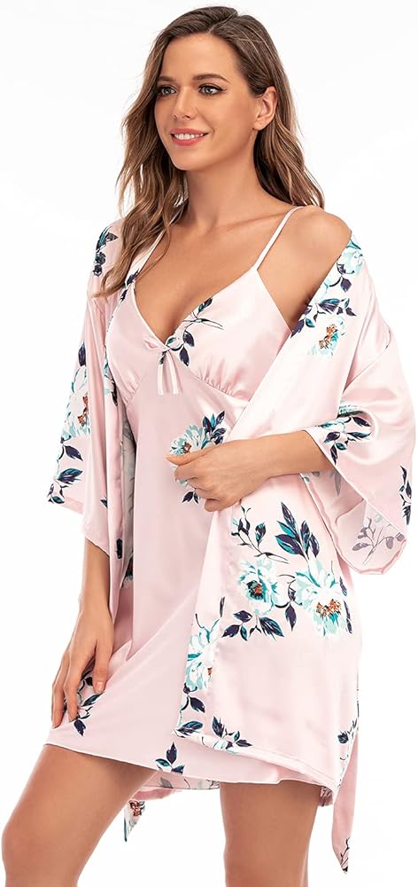 Escalier Women's Silk Satin Pajamas Sets 2Pcs Floral Silky Pj Robe Set with Chemise Nightgown