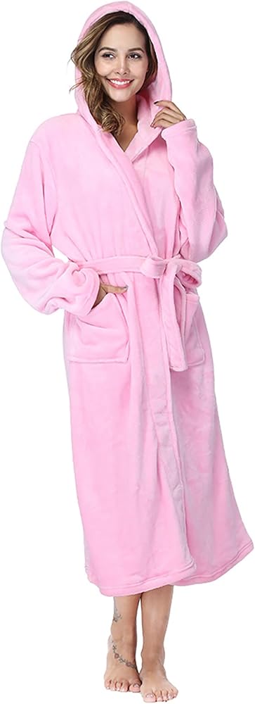 RONGTAI Womens Robes Plush Fleece Hooded Bathrobe Thick Nightgown with Pockets Fluffy Sleepwear