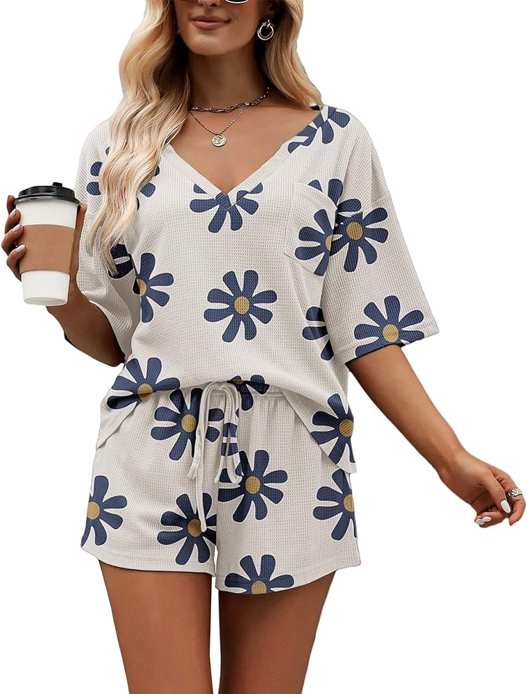 Ekouaer Women Pajama Sets Waffle Knit Lounge Sets Short Sleeves Crop Top 2 Piece Pj Shorts Set