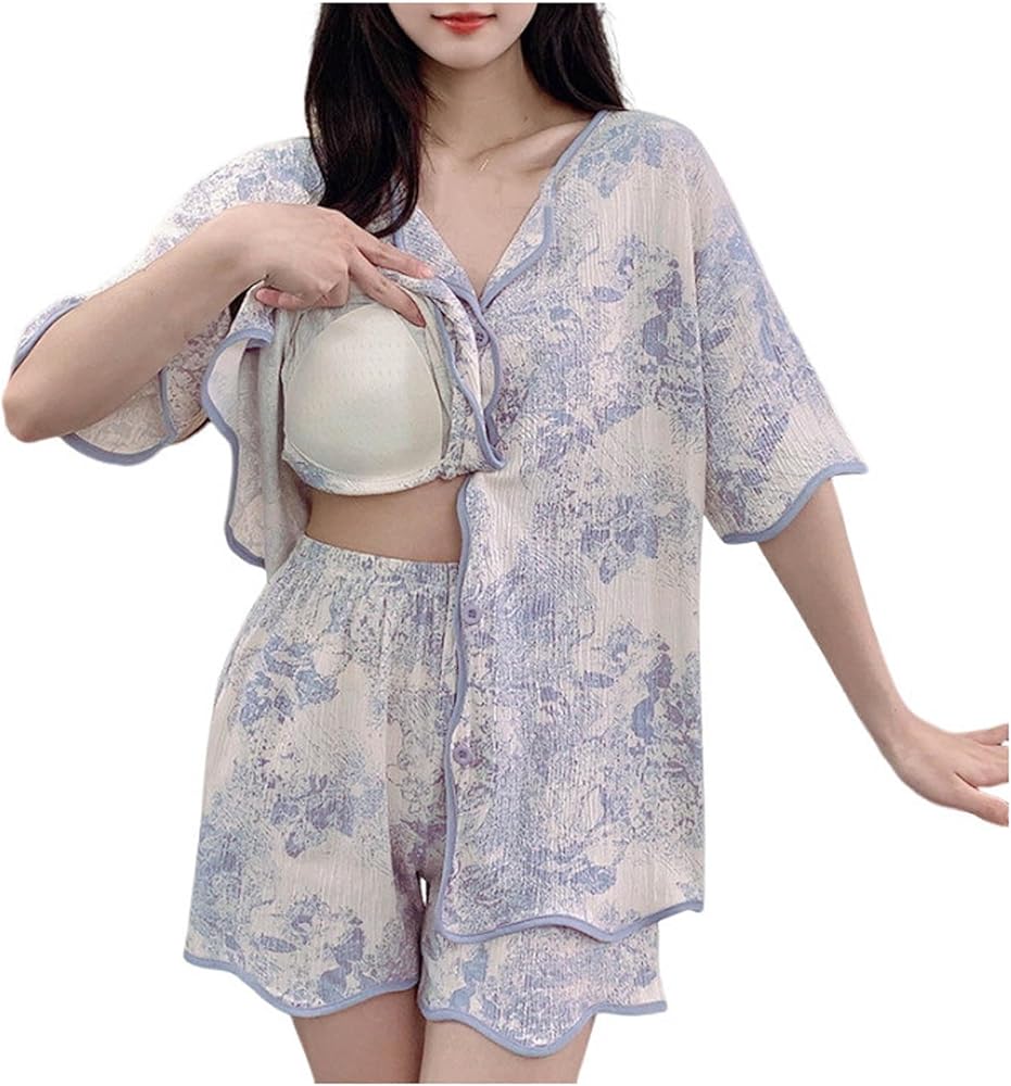 Womens Print Pajamas Sets Built in Bra Short Sleeve Sleepwear Button Down Nightwear Elastic Waist Shorts Pj Sets