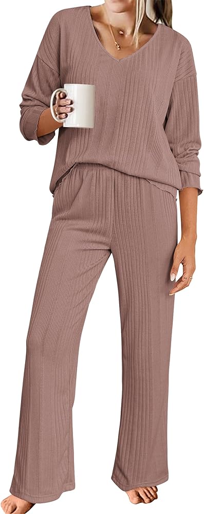 Ekouaer Womens Ribbed Knit Pajamas Set V Neck Long Sleeve Pj Set 2 Piece Loungewear Casual Sleepwear