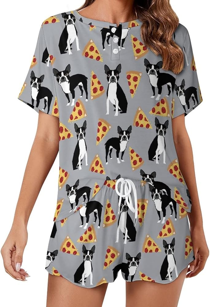 Boston Terrier Dog Pizza Pajamas for Women Set Summer Home Lounge Suit Tops And Shorts Soft Sleepwear