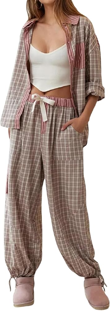 Women Y2k Pajama Set 2 Piece Sleepwear Outfits Long Sleeve Button Down Top and Wide Leg Pants Flannel Lounge Sets