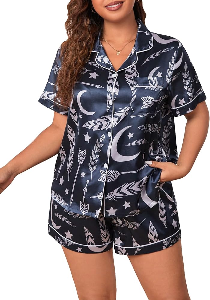 WDIRARA Women's Plus Size Satin Floral Short Sleeve Button Up Pajamas Shorts Lounge Set