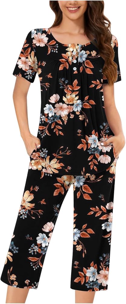 Women's Sleepwear Capri Pajama Sets Short Sleeve Two-Piece Pjs Round Neck Pleated Tops and Capri Pants with Pockets