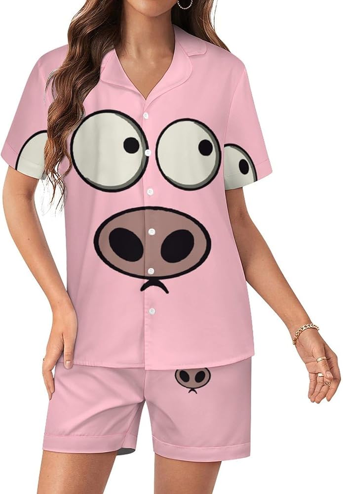 Pig Face Womens Silk Satin Pajamas Set Short Sleeve Button-Down Sleepwear Loungewear Pj Set