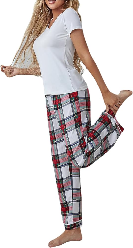 Womens Pajama Set V neck Short Sleeve Shirt and plaid Pajama Pants Sleepwear 2 Piece Lounge Sets